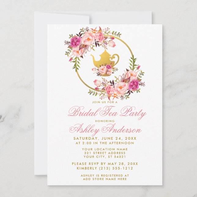 Pink Gold Floral Bridal Shower Tea Party Invite GP (Front)