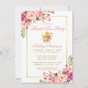 Pink Gold Floral Bridal Shower Tea Party Invite P