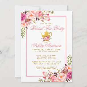 Pink Gold Floral Bridal Shower Tea Party Invite PS
