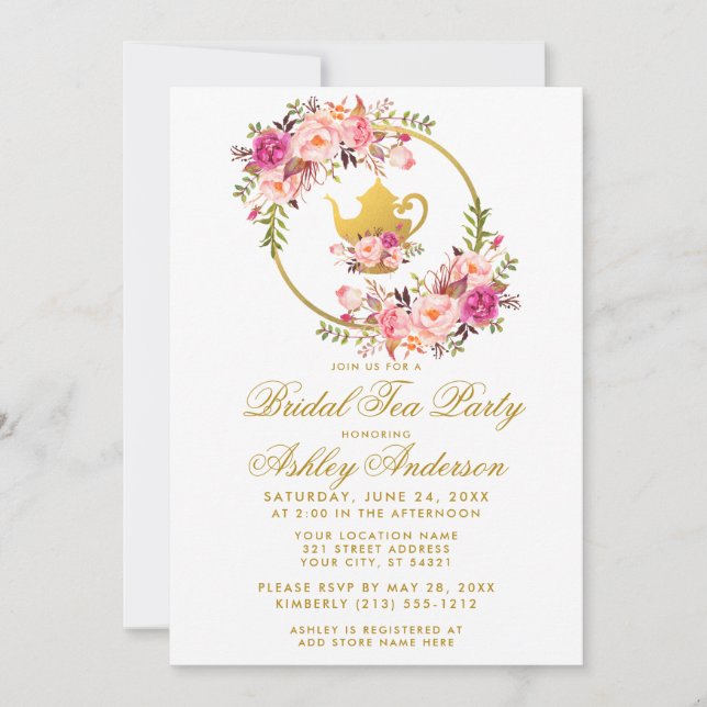 Pink Gold Floral Bridal Shower Tea Party Invite WG (Front)