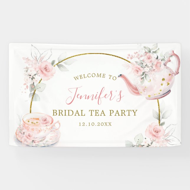 Pink Gold Floral Bridal Shower Tea Party Large Banner (Horizontal)