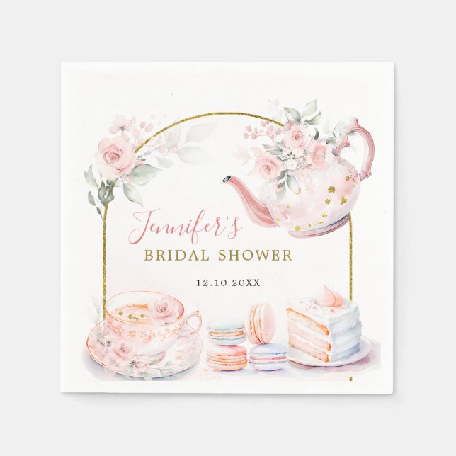 Pink Gold Floral Bridal Shower Tea Party Paper Napkin (Front)