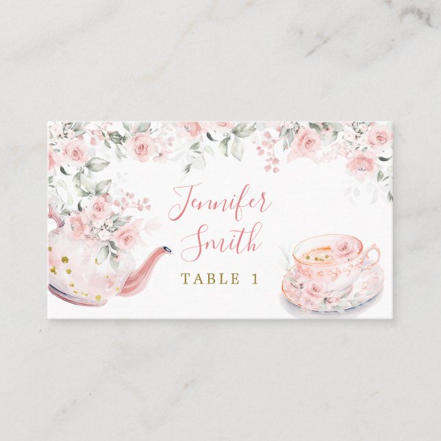 Pink Gold Floral Bridal Shower Tea Party Place Card (Front)