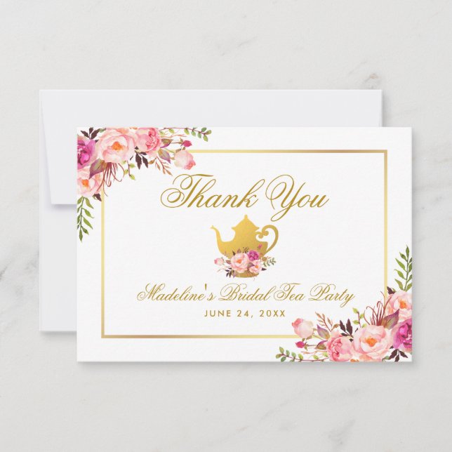 Pink Gold Floral Bridal Shower Tea Party Thanks Invitation (Front)
