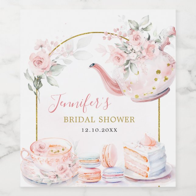 Pink Gold Floral Bridal Shower Tea Party Wine Label (Single Label)