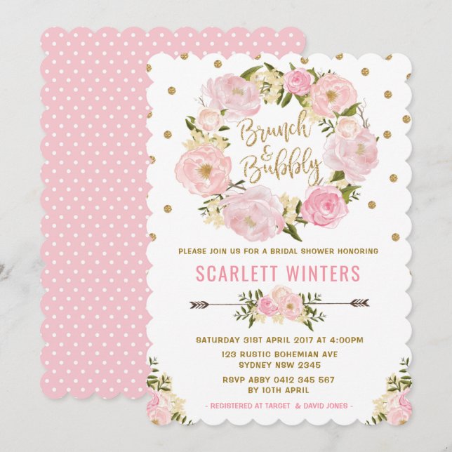 Pink Gold Floral Brunch & Bubbly Shower Invitation (Front/Back)