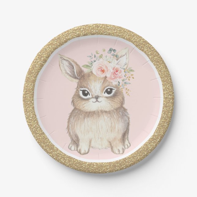Pink Gold Floral Bunny Rabbit Baby Shower Birthday Paper Plate (Front)