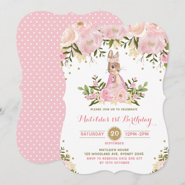 Pink Gold Floral Bunny Rabbit Birthday Invitation (Front/Back)