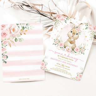 Pink Gold Floral Bunny Rabbit Girl Birthday Party Invitation
