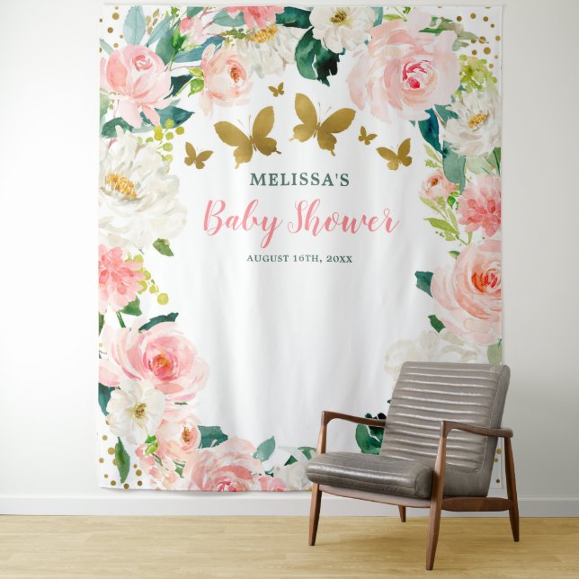 Pink Gold Floral Butterfly Baby Shower Backdrop Tapestry (In Situ)