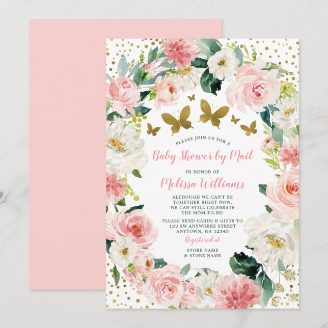 Pink Gold Floral Butterfly Baby Shower By Mail Invitation (Front/Back)
