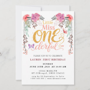 Pink Gold Floral Butterfly Girl 1st Birthday Party Invitation
