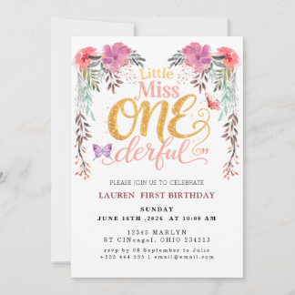 Pink Gold Floral Butterfly Girl 1st Birthday Party Invitation