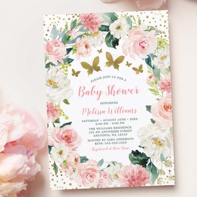 Pink Gold Floral Butterfly Girl Baby Shower Invitation (Creator Uploaded)