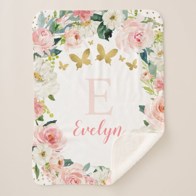 Pink Gold Floral Butterfly Girl Sherpa Blanket (Front)