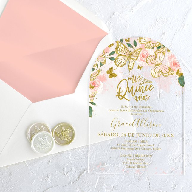 Pink Gold Floral Butterfly Quinceañera  Acrylic Invitations (Creator Uploaded)