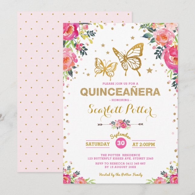 Pink Gold Floral Butterfly Quinceañera  Birthday Invitation (Front/Back)