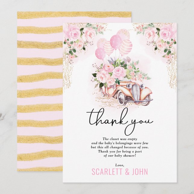 Pink Gold Floral Car Drive By Baby Girl Shower Thank You Card (Front/Back)