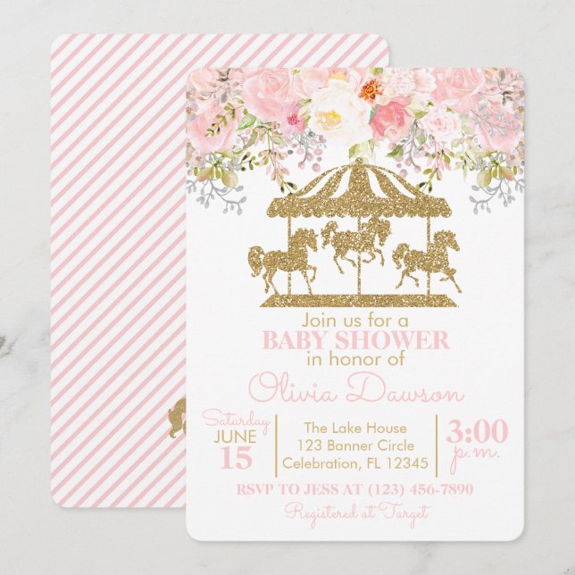 Pink & Gold Floral Carousel Girl Baby Shower Invitation (Front/Back)