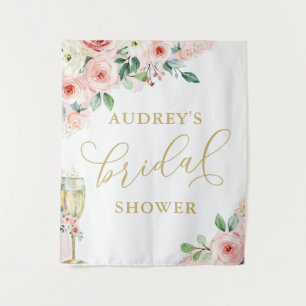Pink Gold Floral/Champagne Glass Shower Backdrop Tapestry