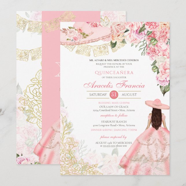 Pink & Gold Floral Charra Western Quinceanera Invitation (Front/Back)