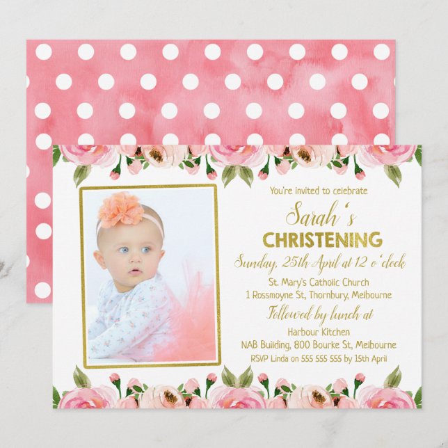 Pink Gold Floral Christening invitation (Front/Back)