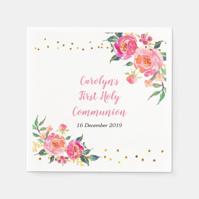 Pink Gold Floral Cocktail Paper Napkins (Front)