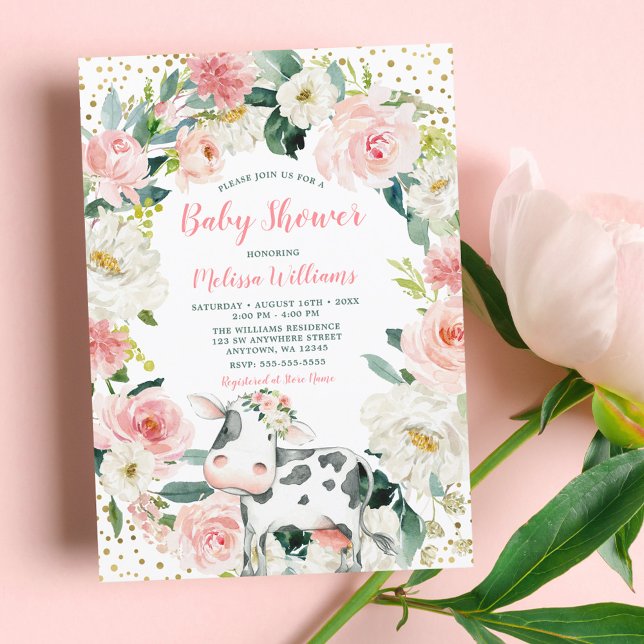 Pink Gold Floral Cow Girl Baby Shower Invitation (Creator Uploaded)