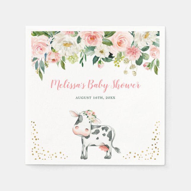 Pink Gold Floral Cow Girl Baby Shower Napkin (Front)