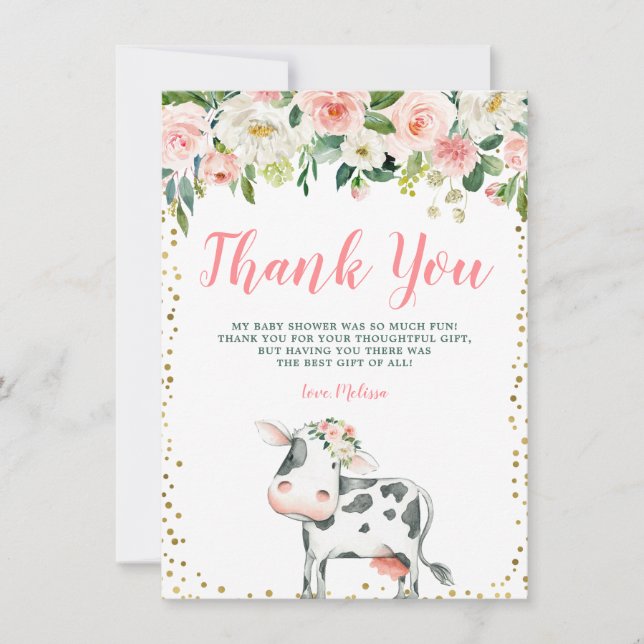 Pink Gold Floral Cow Girl Baby Shower Thank You Card (Front)