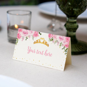 Pink Gold Floral Crown Princess Birthday Place Card