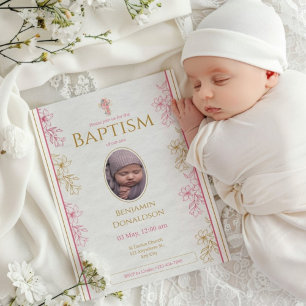 Pink Gold Floral Custom Photo Baptism  Invitation