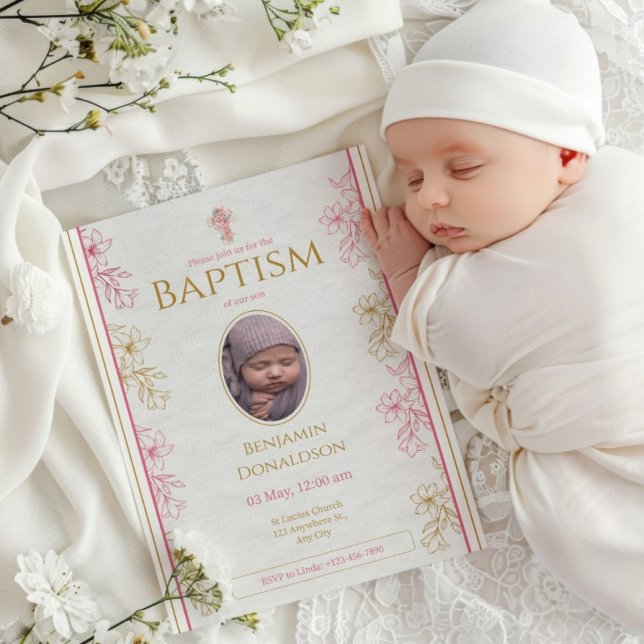 Pink Gold Floral Custom Photo Baptism  Invitation (Creator Uploaded)