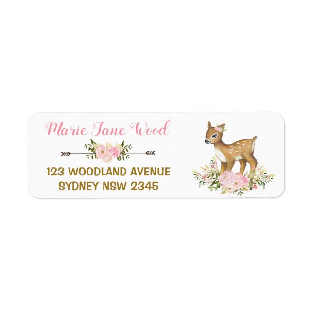 Pink Gold Floral Deer Baby Shower Address Label (Front)