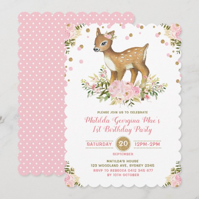 Pink Gold Floral Deer First Birthday Invitation (Front/Back)