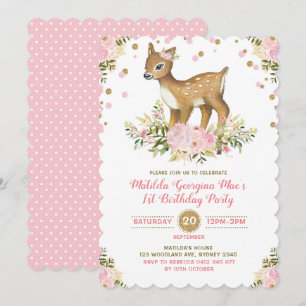 Pink Gold Floral Deer First Birthday Invitation