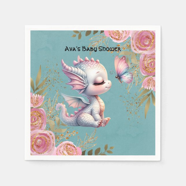 Pink Gold Floral Dragon Butterfly Girl Baby Shower Napkin (Front)