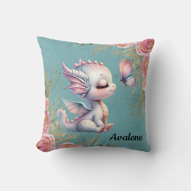 Pink Gold Floral Dragon Butterfly Girl Gift Cushion (Front)