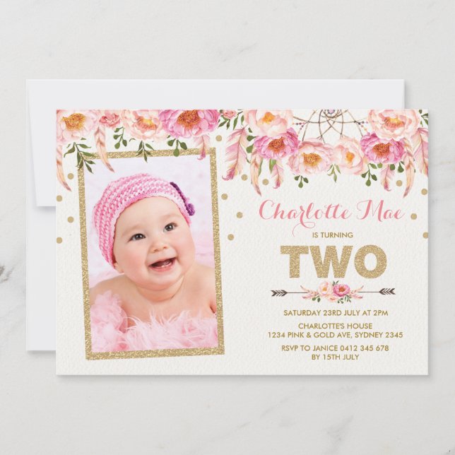 Pink Gold Floral Dreamcatcher 2nd Birthday Invite (Front)