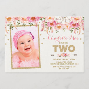Pink Gold Floral Dreamcatcher 2nd Birthday Invite