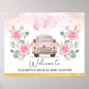 Pink Gold Floral Drive By Baby Shower Welcome Poster