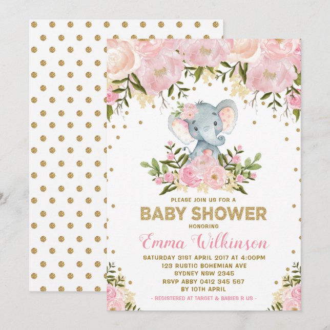 Pink & Gold Floral Elephant Baby Shower Invitation (Front/Back)