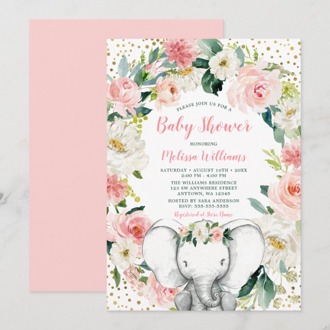 Pink Gold Floral Elephant Girl Baby Shower Invitation (Front/Back)