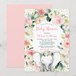 Pink Gold Floral Elephant Girl Baby Shower Invitation