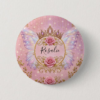 Pink & Gold Floral Fairy Princess Roses Butterfly 6 Cm Round Badge