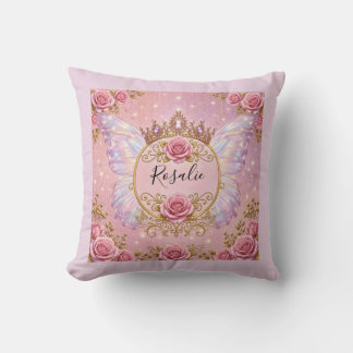 Pink & Gold Floral Fairy Princess Roses Butterfly Cushion