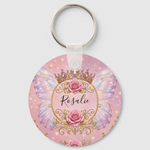 Pink & Gold Floral Fairy Princess Roses Butterfly Key Ring