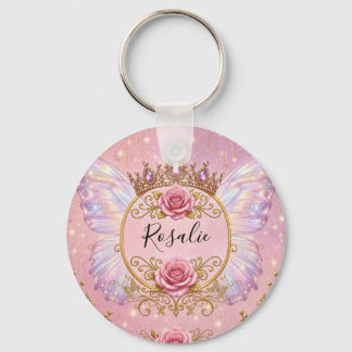 Pink & Gold Floral Fairy Princess Roses Butterfly Key Ring