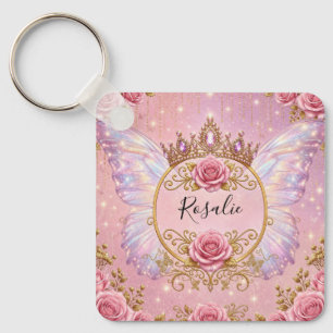 Pink & Gold Floral Fairy Princess Roses Butterfly Key Ring