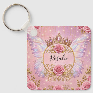 Pink & Gold Floral Fairy Princess Roses Butterfly Key Ring